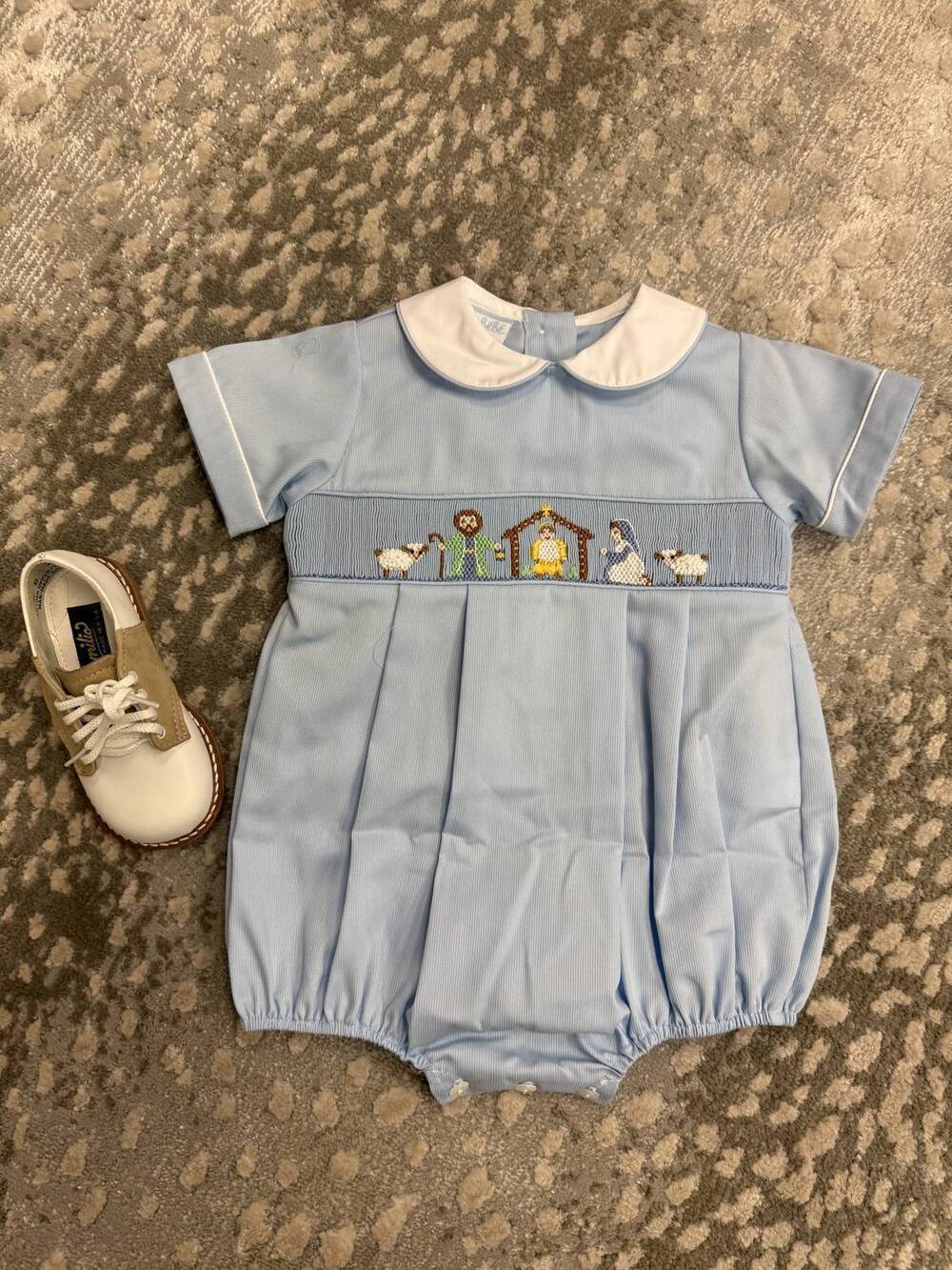 NEW PETIT BEBE boy's nativity bubble romper in blue